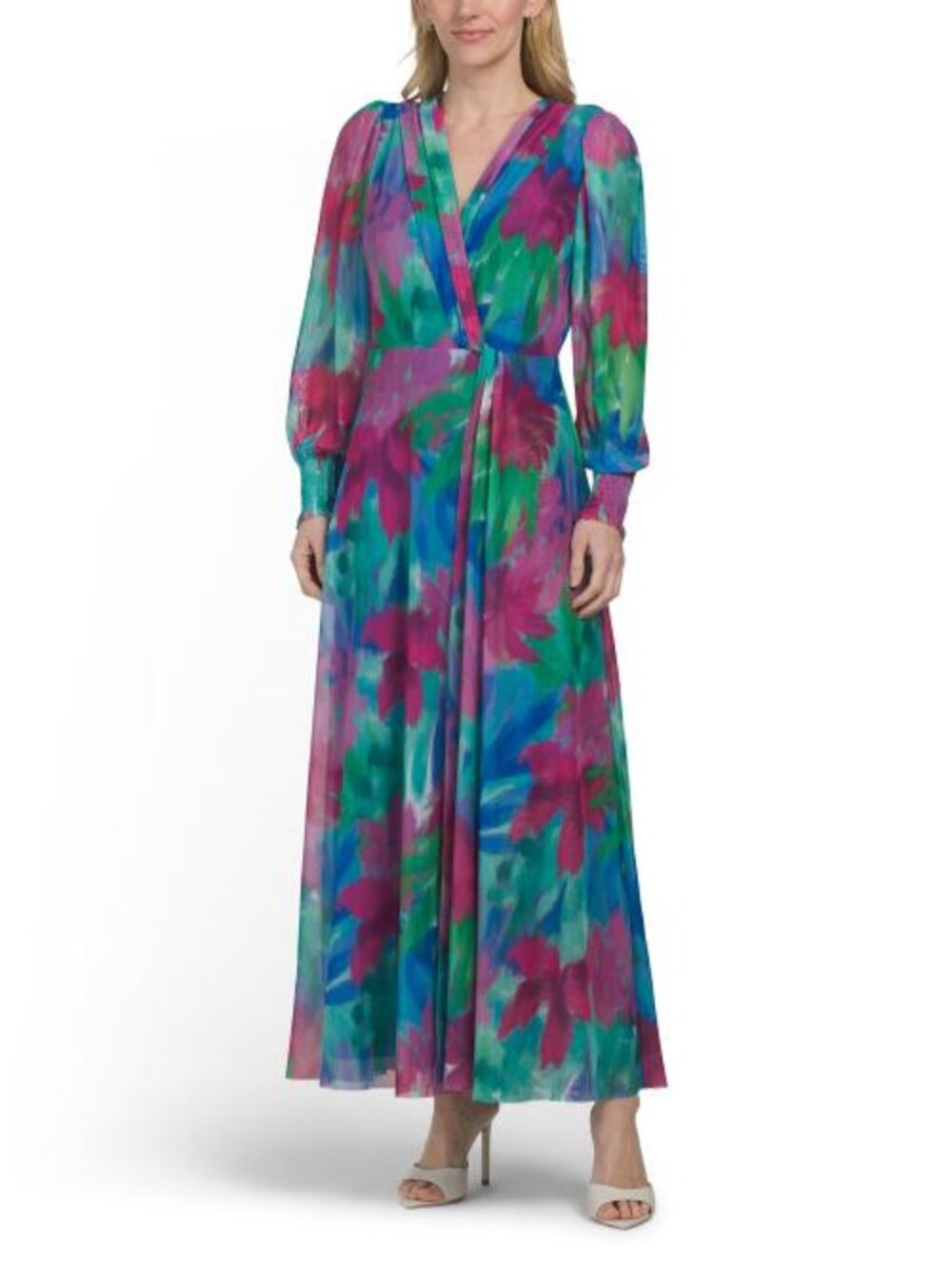 LONDON TIMES Shirred Surplice Faux Twist Bishop Sleeve Maxi Dress